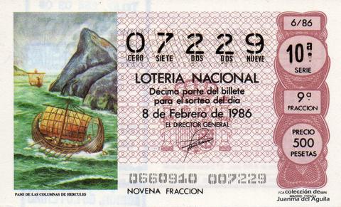Décimo de Lotería Nacional de 1986 Sorteo 6 - PASO DE LAS COLUMNAS DE HERCULES