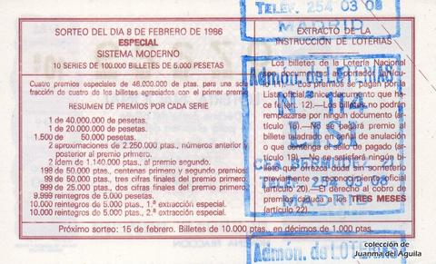 Reverso del décimo de Lotería Nacional de 1986 Sorteo 6