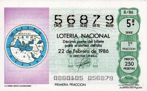 Décimo de Lotería Nacional de 1986 Sorteo 8 - LA TIERRA SEGUN ANAXIMANDRO