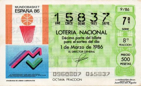 Décimo de Lotería Nacional de 1986 Sorteo 9 - 