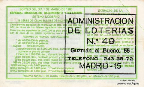 Reverso décimo de Lotería 1986 / 9