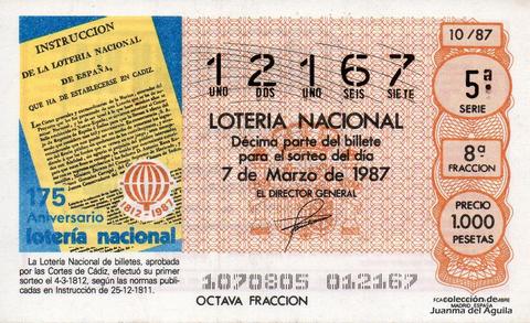 Décimo de Lotería Nacional de 1987 Sorteo 10 - 175 Aniversario lotería nacional