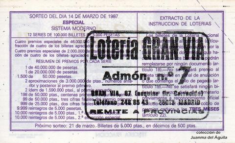Reverso del décimo de Lotería Nacional de 1987 Sorteo 11