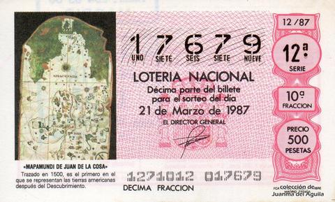 Décimo de Lotería Nacional de 1987 Sorteo 12 - «MAPAMUNDI DE JUAN DE LA COSA»