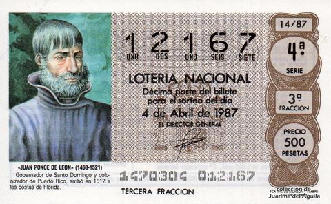 Décimo de Lotería Nacional de 1987 Sorteo 14 - «JUAN PONCE DE LEON» (1460-1521)
