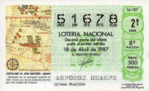 Décimo de Lotería Nacional de 1987 Sorteo 16 - «PORTULANO DE JOAN MARTINES» (detalle)
