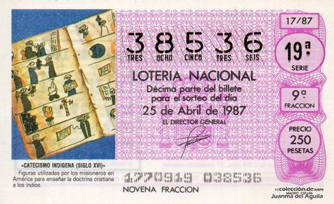 Décimo de Lotería Nacional de 1987 Sorteo 17 - «CATECISMO INDIGENA (SIGLO XVI)»