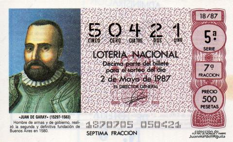 Décimo de Lotería Nacional de 1987 Sorteo 18 - «JUAN DE GARAY» (1529?-1583)
