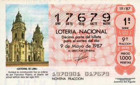 Décimo de Lotería Nacional de 1987 Sorteo 19 - «CATEDRAL DE LIMA»