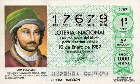 Décimo de Lotería Nacional de 1987 Sorteo 2 - «JUAN DE LA COSA»