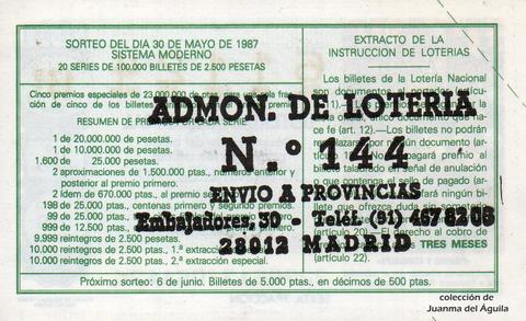 Reverso del décimo de Lotería Nacional de 1987 Sorteo 22