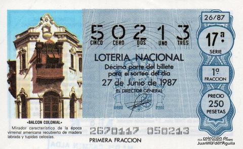 Décimo de Lotería Nacional de 1987 Sorteo 26 - «BALCON COLONIAL»