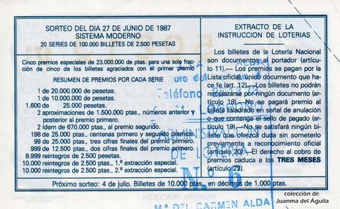 Reverso del décimo de Lotería Nacional de 1987 Sorteo 26