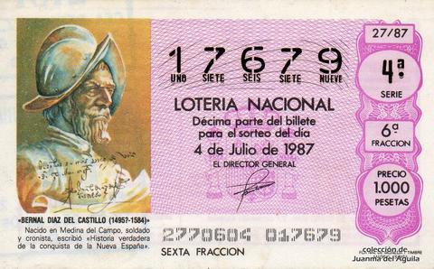 Décimo de Lotería Nacional de 1987 Sorteo 27 - «BERNAL DIAZ DEL CASTILLO (1495? - 1584)»