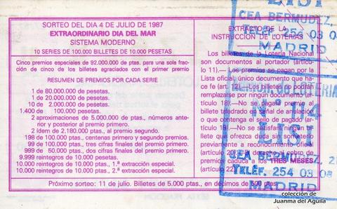 Reverso del décimo de Lotería Nacional de 1987 Sorteo 27