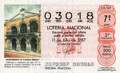 Décimo de Lotería Nacional de 1987 Sorteo 28 - «AYUNTAMIENTO DE TLAXCALA (Méjico)»
