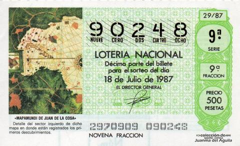 Décimo de Lotería Nacional de 1987 Sorteo 29 - «MAPAMUNDI DE JUAN DE LA COSA»