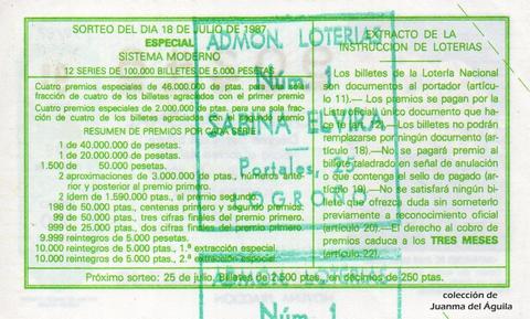 Reverso del décimo de Lotería Nacional de 1987 Sorteo 29