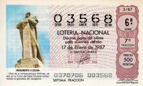 Décimo de Lotería Nacional de 1987 Sorteo 3 - «MONUMENTO A COLON»