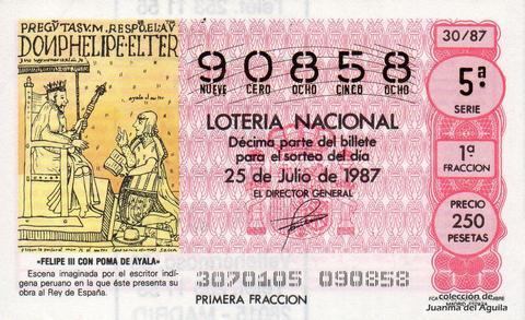 Décimo de Lotería Nacional de 1987 Sorteo 30 - «FELIPE III CON POMA DE AYALA»