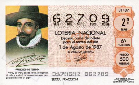 Décimo de Lotería Nacional de 1987 Sorteo 31 - «FRANCISCO DE TOLEDO»