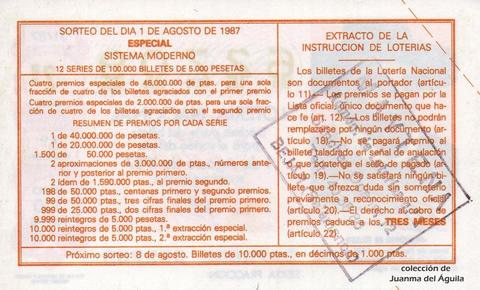 Reverso del décimo de Lotería Nacional de 1987 Sorteo 31