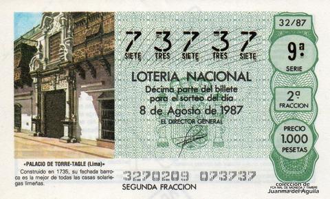 Décimo de Lotería Nacional de 1987 Sorteo 32 - «PALACIO DE TORRE-TAGLE (Lima)»