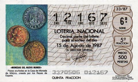 Décimo de Lotería Nacional de 1987 Sorteo 33 - «MONEDAS DEL NUEVO MUNDO»