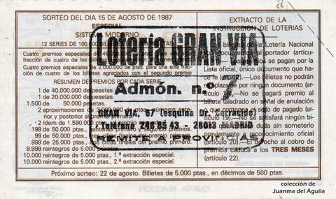 Reverso del décimo de Lotería Nacional de 1987 Sorteo 33