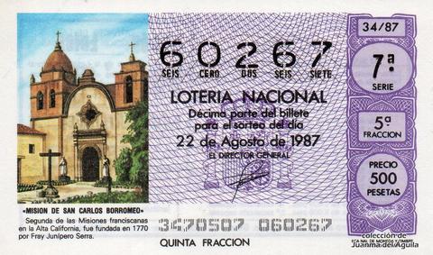 Décimo de Lotería Nacional de 1987 Sorteo 34 - «MISION DE SAN CARLOS BORROMEO»