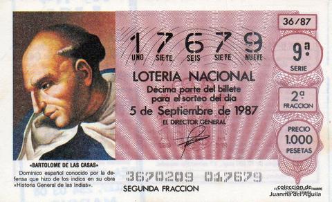 Décimo de Lotería Nacional de 1987 Sorteo 36 - «BARTOLOME DE LAS CASAS»