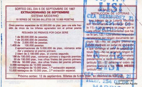 Reverso del décimo de Lotería Nacional de 1987 Sorteo 36