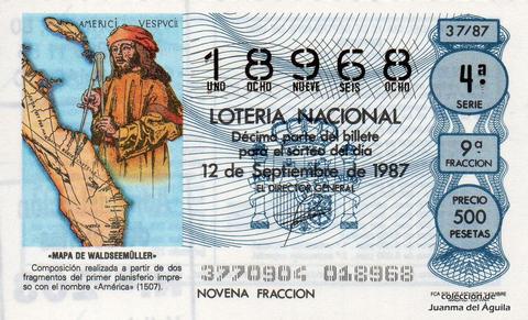 Décimo de Lotería Nacional de 1987 Sorteo 37 - «MAPA DE WALDSEEMÜLLER»