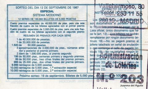 Reverso del décimo de Lotería Nacional de 1987 Sorteo 37