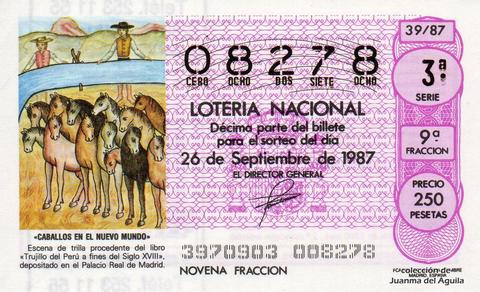 Décimo de Lotería Nacional de 1987 Sorteo 39 - «CABALLOS EN EL NUEVO MUNDO»