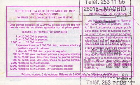 Reverso del décimo de Lotería Nacional de 1987 Sorteo 39