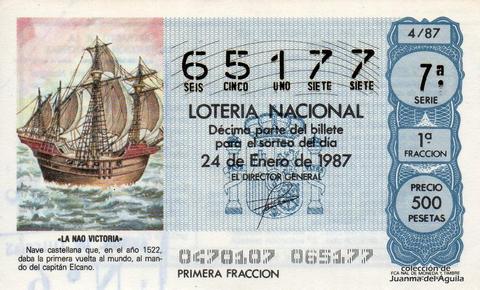 Décimo de Lotería Nacional de 1987 Sorteo 4 - «LA NAO VICTORIA»
