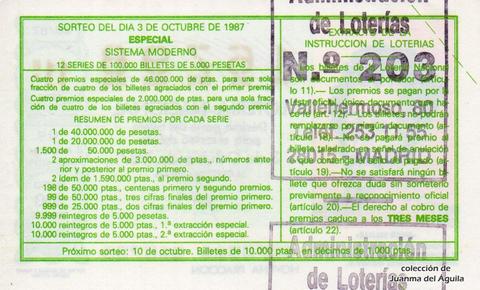 Reverso del décimo de Lotería Nacional de 1987 Sorteo 40