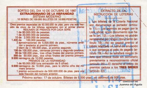Reverso del décimo de Lotería Nacional de 1987 Sorteo 41