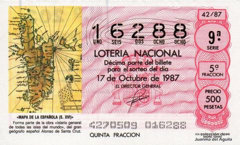 Décimo de Lotería Nacional de 1987 Sorteo 42 - «MAPA DE LA ESPAÑOLA (S. XVI)»