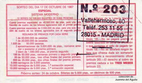 Reverso del décimo de Lotería Nacional de 1987 Sorteo 42