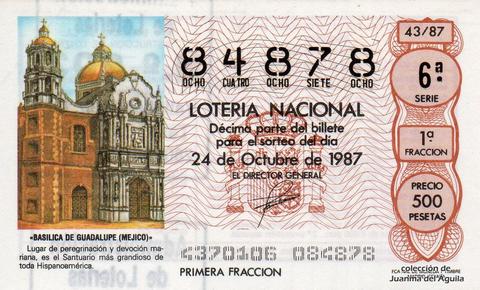 Décimo de Lotería Nacional de 1987 Sorteo 43 - «BASILICA DE GUADALUPE (MEJICO)»