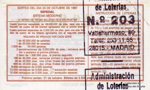 Reverso del décimo de Lotería Nacional de 1987 Sorteo 43