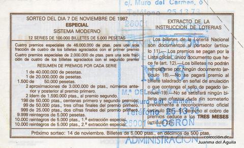 Reverso del décimo de Lotería Nacional de 1987 Sorteo 45