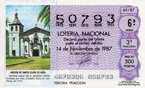 Décimo de Lotería Nacional de 1987 Sorteo 46 - «MISION DE SANTA CLARA DE ASIS»