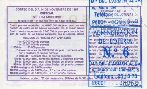 Reverso del décimo de Lotería Nacional de 1987 Sorteo 46