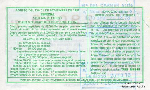 Reverso del décimo de Lotería Nacional de 1987 Sorteo 47