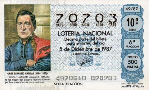 Décimo de Lotería Nacional de 1987 Sorteo 49 - «JOSE GERVASIO ARTIGAS (1764-1850)»