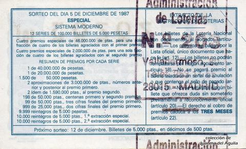 Reverso del décimo de Lotería Nacional de 1987 Sorteo 49