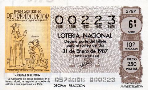 Décimo de Lotería Nacional de 1987 Sorteo 5 - «JESUITAS EN EL PERU»